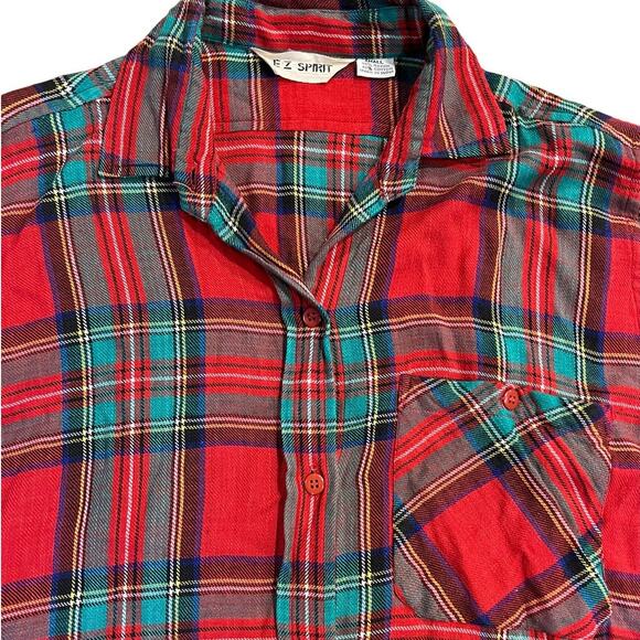 VTG EZ Spirit Plaid Button Up Flannel Shirt Red Green Pocket Long Sleeve Small - Picture 1 of 11